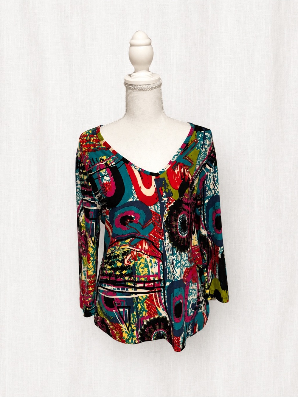 Peter Nygard Multicolor Abstract Print V-Neck Long Sleeve Top
